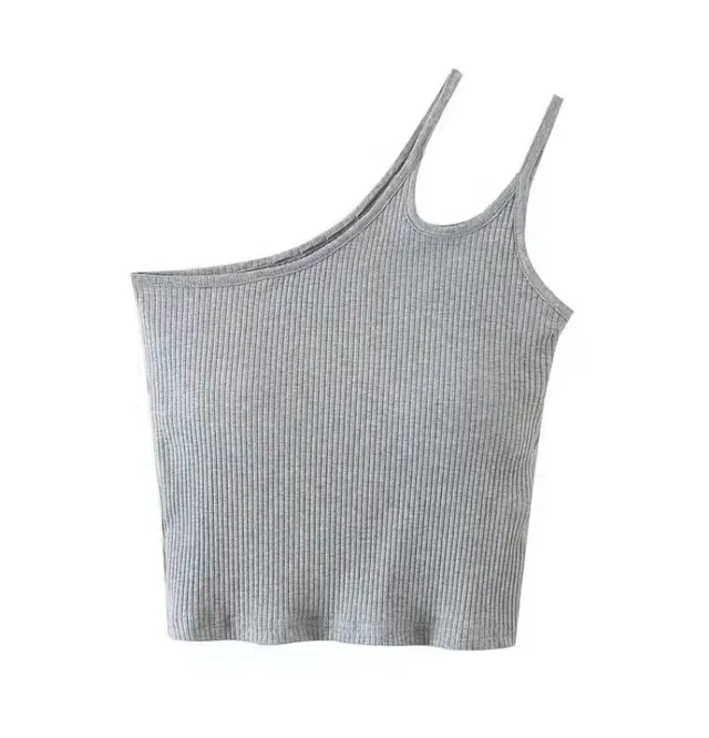 Tight fitting Short Crop Inside Take Oblique Shoulder Back Center Female Outer Wear Suspender Top Grey - Shop at LoveMi