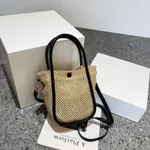 Women's Straw Portable Bucket Bag - Black