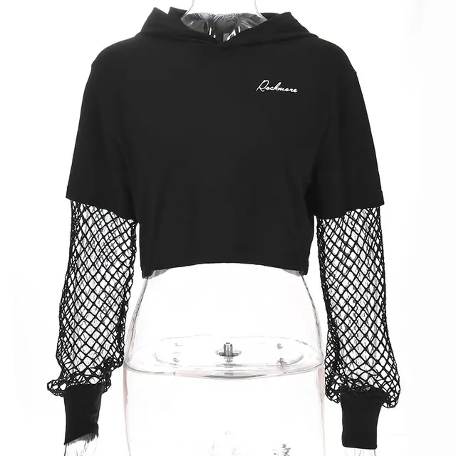 Mesh Stitching Women's Top Navel Letter Long Sleeve Black - Shop at LoveMi