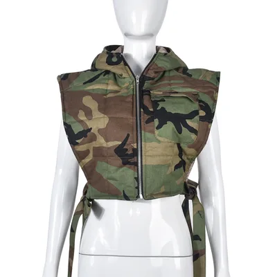Women's New Denim Filled Cotton Hollowed Out Binding Hooded Trend Vest Camo - Shop at LoveMi