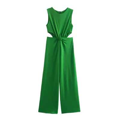 Women's Round Neck Solid Color Knotted Cutout Jumpsuit Green - Shop at LoveMi