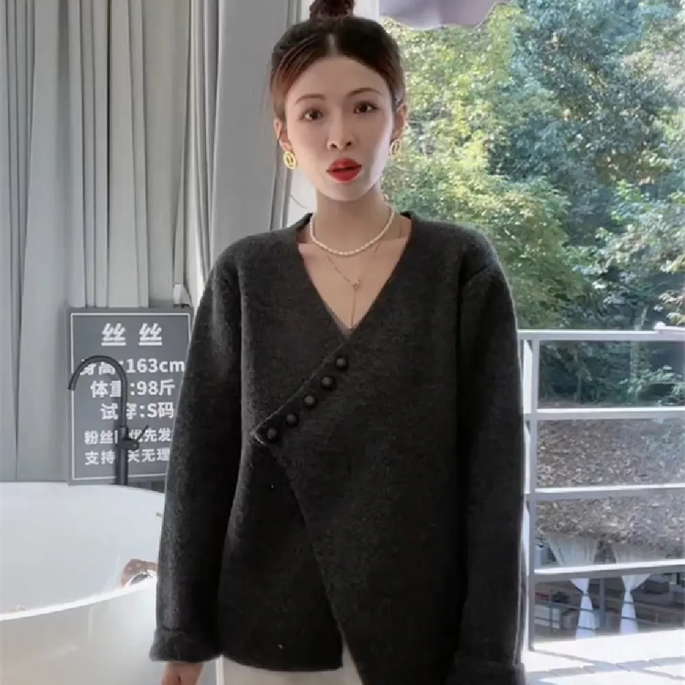 Ladies Fashion Irregular Diagonal Button Knit Sweater Black - Shop at LoveMi