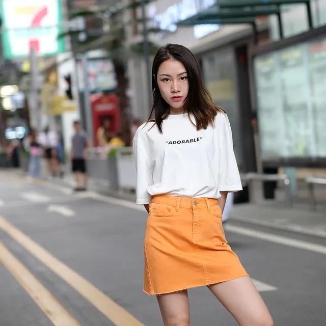 Women's Bag Buttock Candy Orange Fur Edge Thin Retro High Waist Denim Skirt Orange - Shop at LoveMi