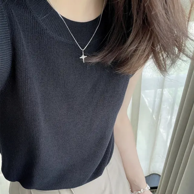 Summer Sleeveless Knitted Vest With Round Neck And French Style Black - Shop at LoveMi