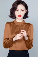 Satin Foreign Style Small Shirt Gentle Wind Bubble Sleeve Top - Mocha