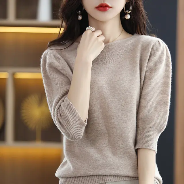 Crew Neck Loose Thin Meat Cover Seven Points Short Sleeve Female Camel - Shop at LoveMi