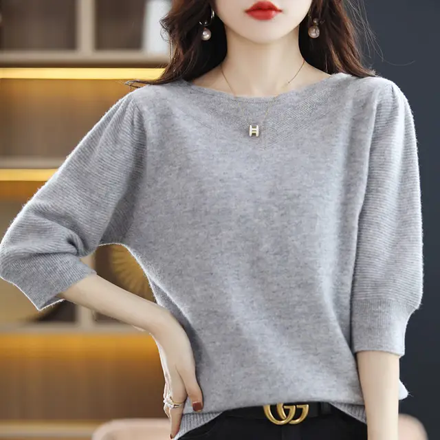 Crew Neck Loose Thin Meat Cover Seven Points Short Sleeve Female Grey - Shop at LoveMi
