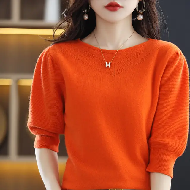 Crew Neck Loose Thin Meat Cover Seven Points Short Sleeve Female Orange - Shop at LoveMi
