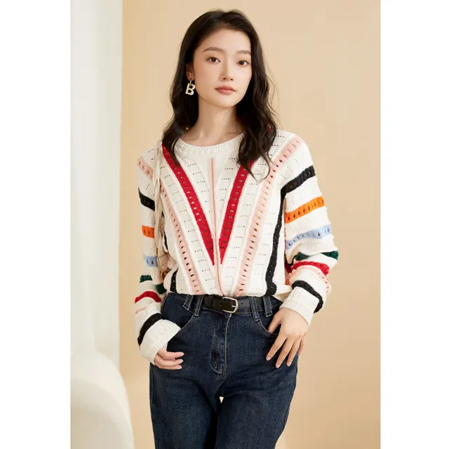 Contrast Hollow out Striped Sweater For Women Color Stripe - Shop at LoveMi