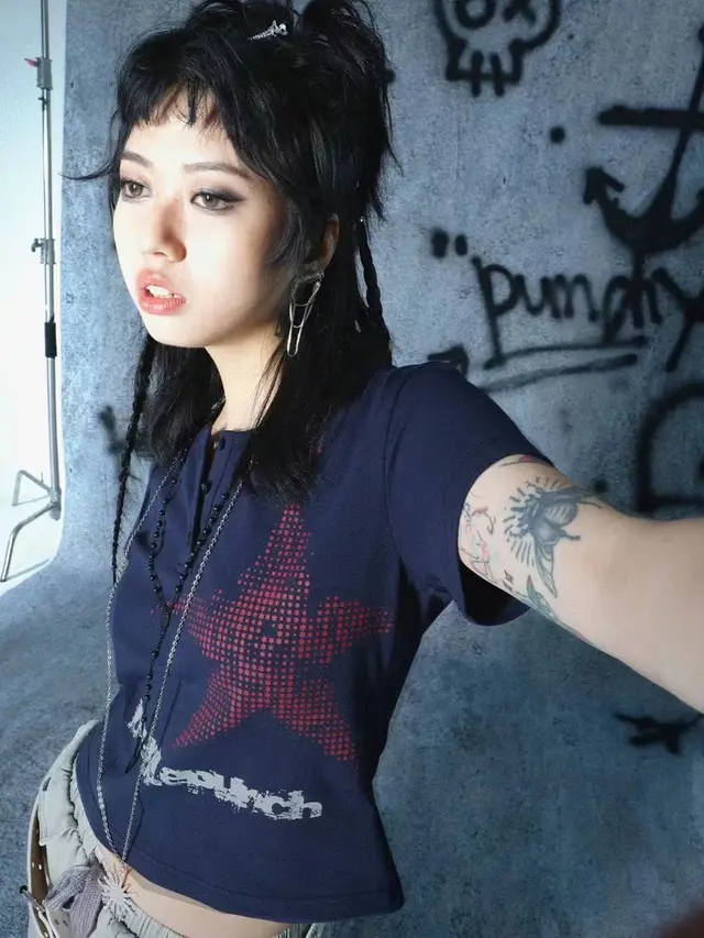 Cultural Punk Spicy Girl Vintage Letter Print Short Sleeve T shirt Female Navy Blue - Shop at LoveMi