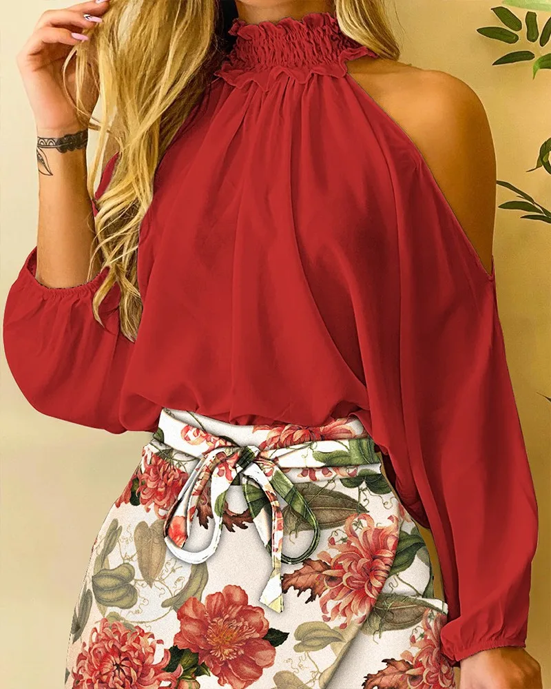 White Offtheshoulder Long sleeved Top Houndstooth Hakama Red - Shop at LoveMi