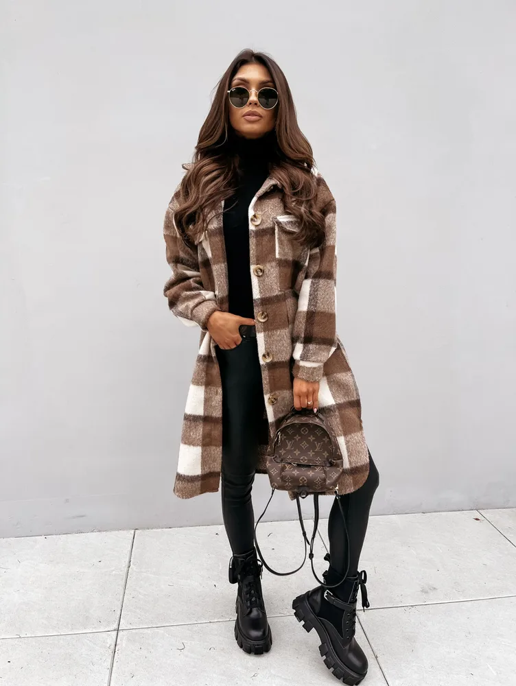 Button Lapel Casual Warm Plaid Long Woolen Coat - Coffee