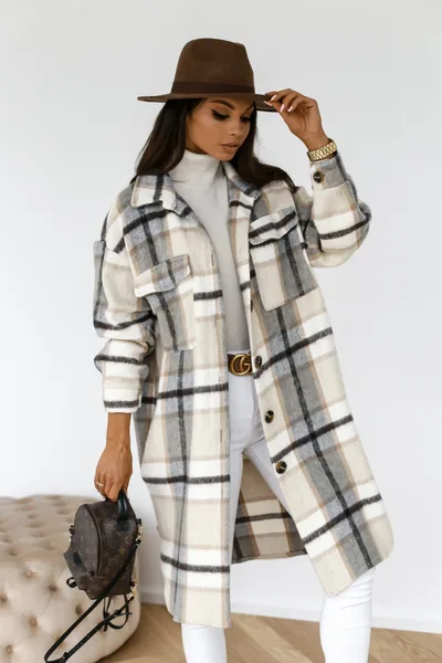 Button Lapel Casual Warm Plaid Long Woolen Coat Grey - Shop at LoveMi