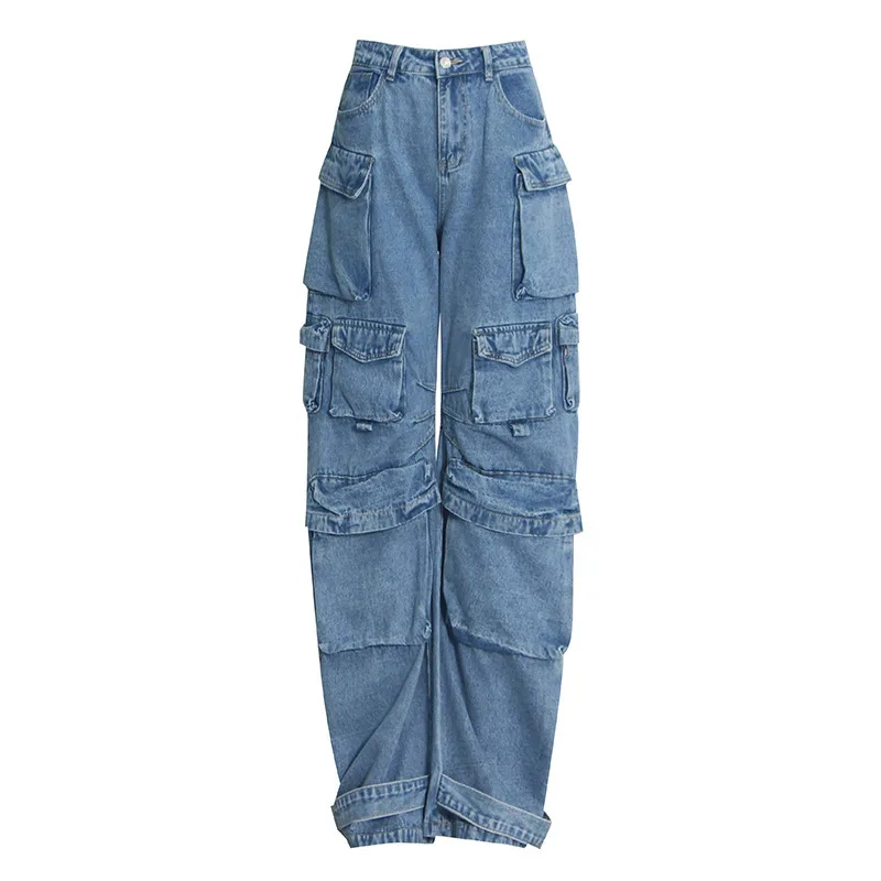 Cargo Jeans Spice Girl Style Loose Multi pocket Floor Mop Pants Wide Leg Pants Blue - Shop at LoveMi