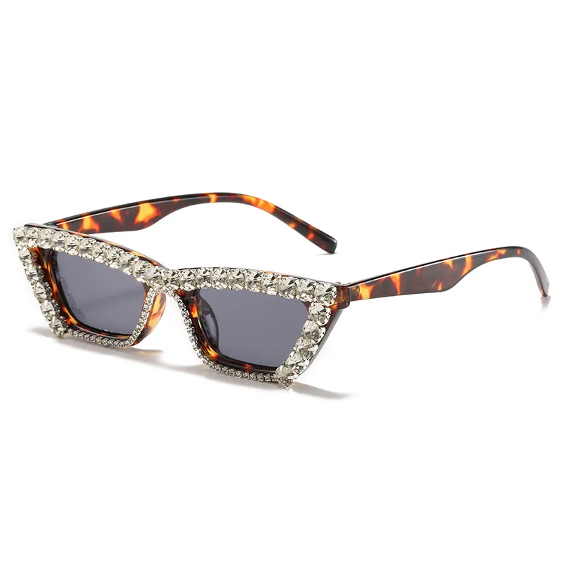 New Small Frame With Diamond Personality Box Diamond Glasses Versatile Chain - Leopard Frame White Diamond