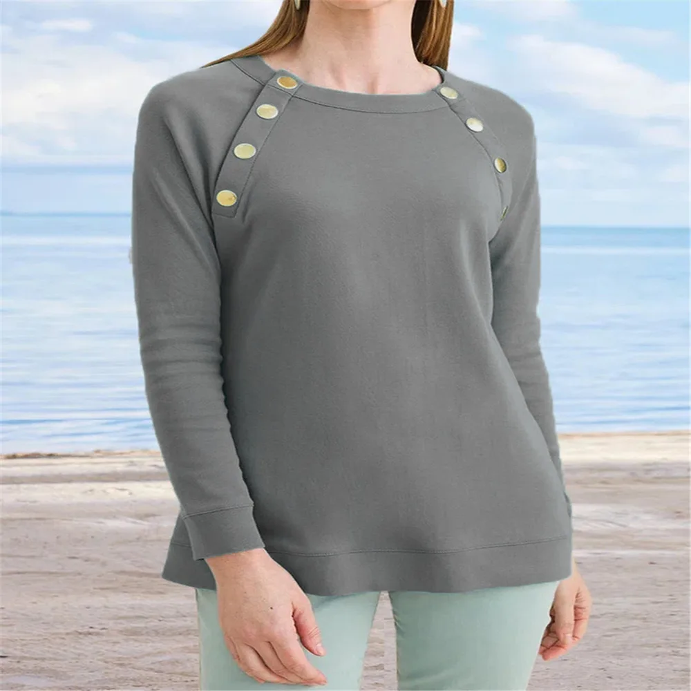 Women's New Metal Button Round Neck Plain Casual Long sleeved Sweater Grey - Shop at LoveMi