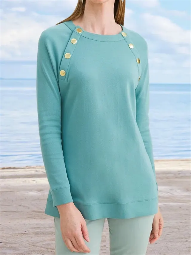 Women's New Metal Button Round Neck Plain Casual Long sleeved Sweater Sky Blue - Shop at LoveMi