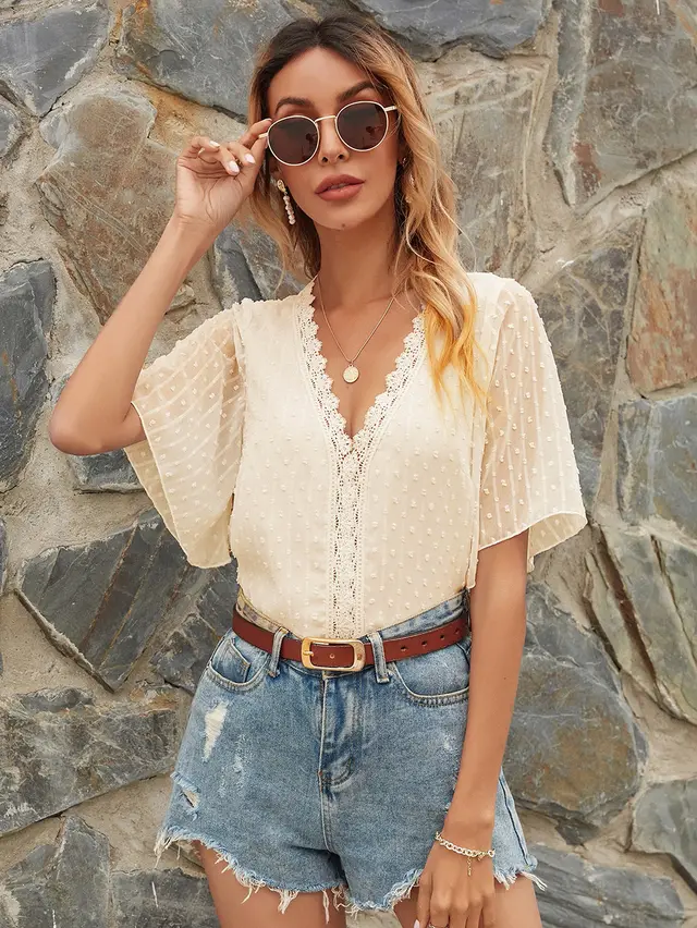 Women's Loose Solid Color Small Chiffon Sequin Pullover T shirt Top Apricot - Shop at LoveMi