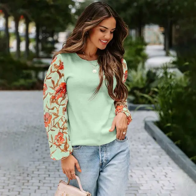 Printed Lantern Long Sleeve Casual Top Sweater Female Green - Shop at LoveMi