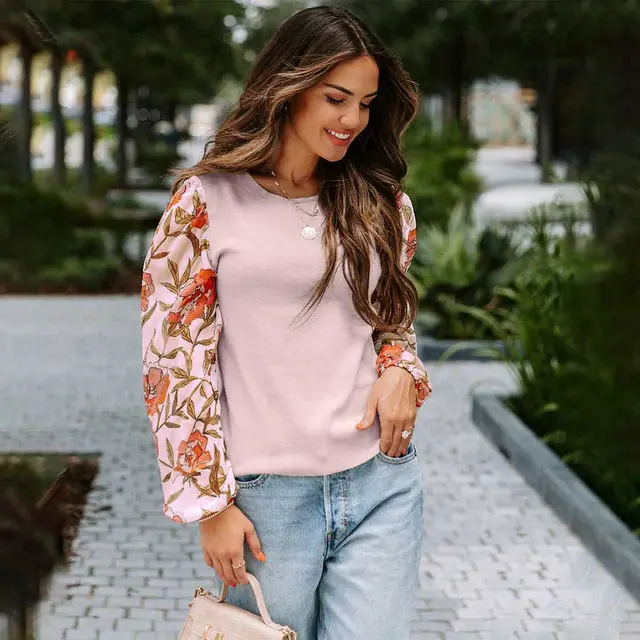 Printed Lantern Long Sleeve Casual Top Sweater Female Pink - Shop at LoveMi