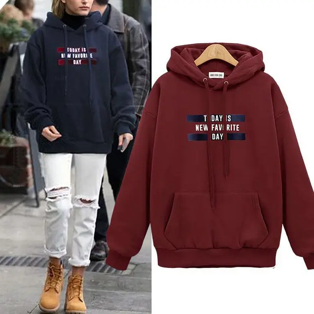 European And American Letter Printing Hooded Loose Pullover Women Wine Red - Shop at LoveMi