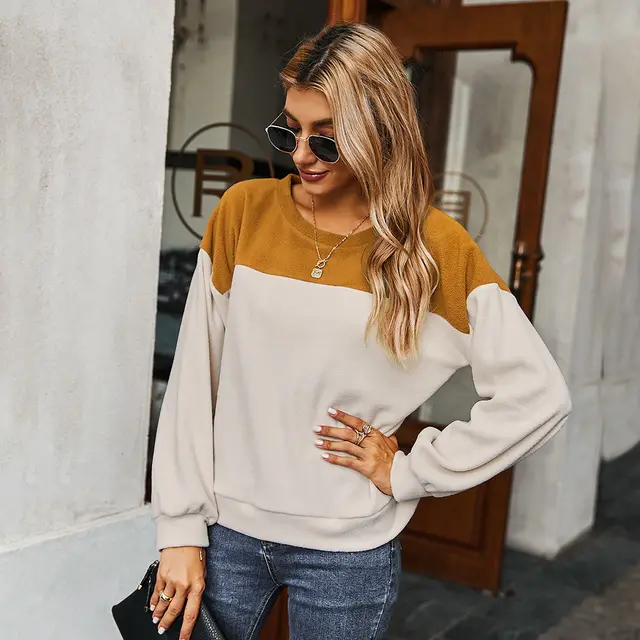 Simple Color Contrast Sweater Long sleeved T shirt For Women Brown - Shop at LoveMi