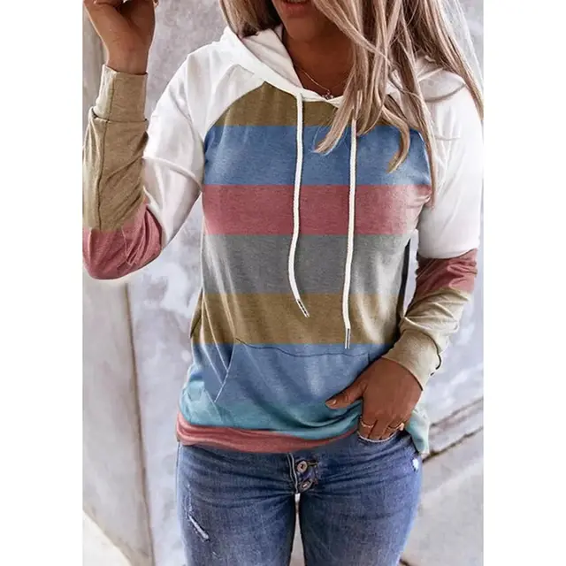 European And American Fashion Striped Women's Printed Long sleeved Hoodie Light Blue - Shop at LoveMi