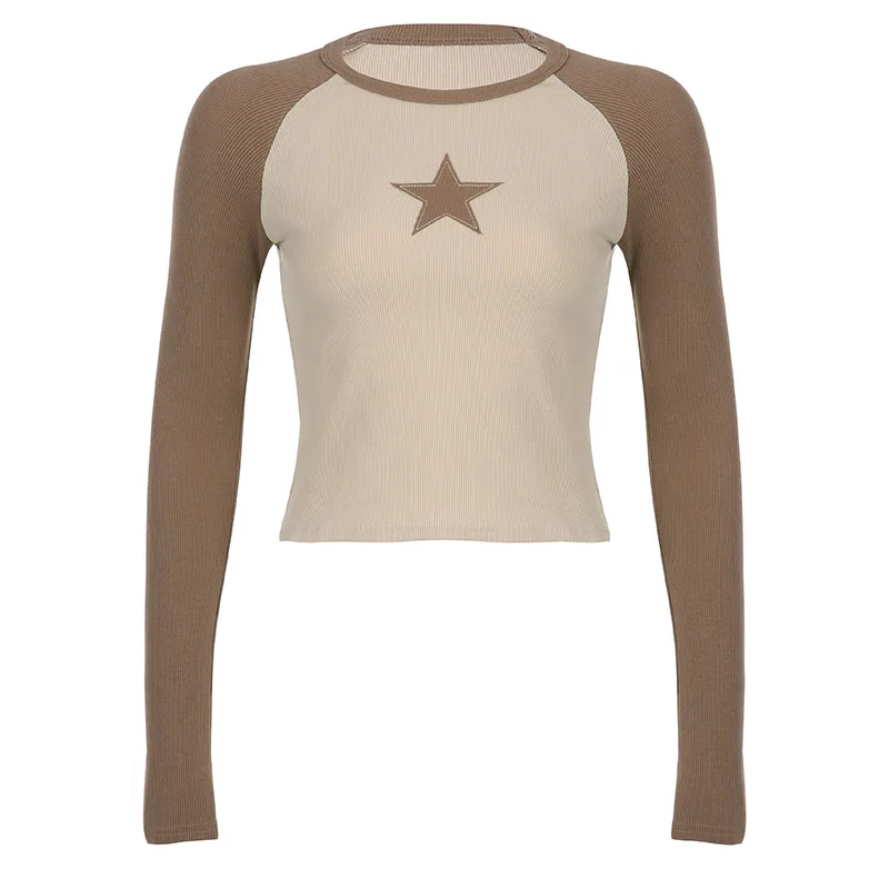 Stars Patchwork Long Sleeve T-shirts Women Slim Tops - Khaki - View 1