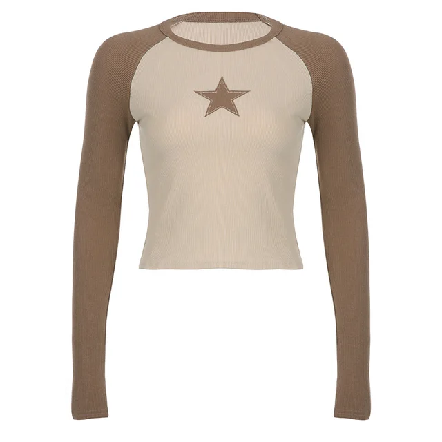 Stars Patchwork Long Sleeve T shirts Women Slim Tops Khaki - Shop at LoveMi