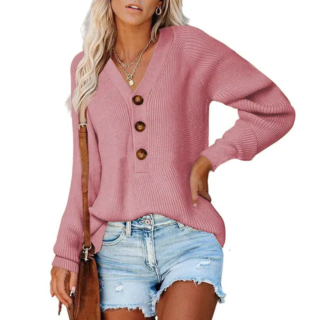 New Button New Knitted V neck Sweater Women Pink - Shop at LoveMi