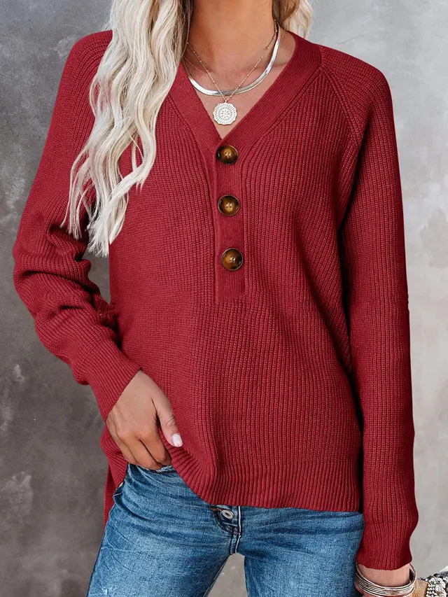 New Button New Knitted V neck Sweater Women Red - Shop at LoveMi