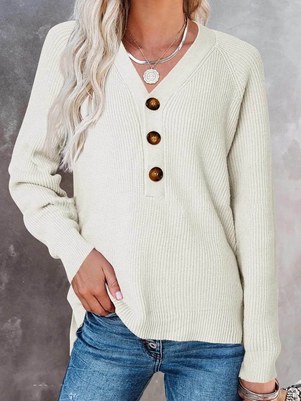 New Button New Knitted V-neck Sweater Women - White