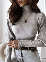 Women's New Pile High Collar Pullover With Bottom Sweater - Grey
