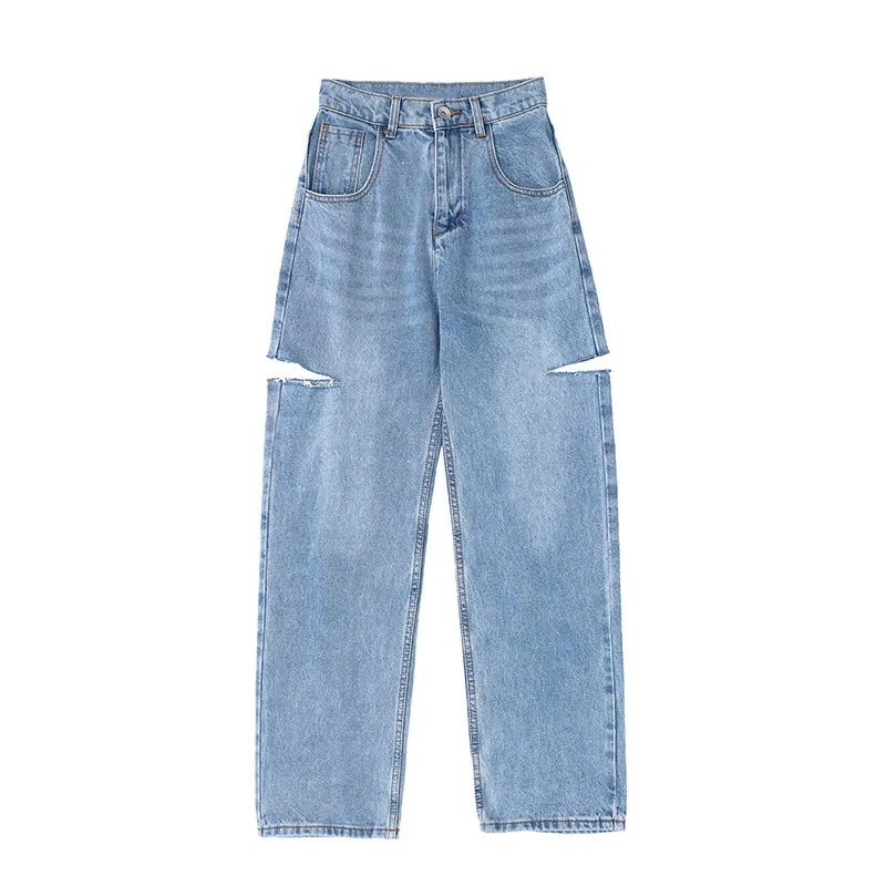 Ripped Floor Mop Jeans Thigh Asymmetrical Raw Edge Spice Wide Leg Pants - Blue