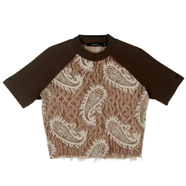 Retro Tassel Mesh Gauze Sandwich Cashew Pick Flower Insert Shoulder Sleeve Short Style T shirt Women Apricot - Shop at LoveMi