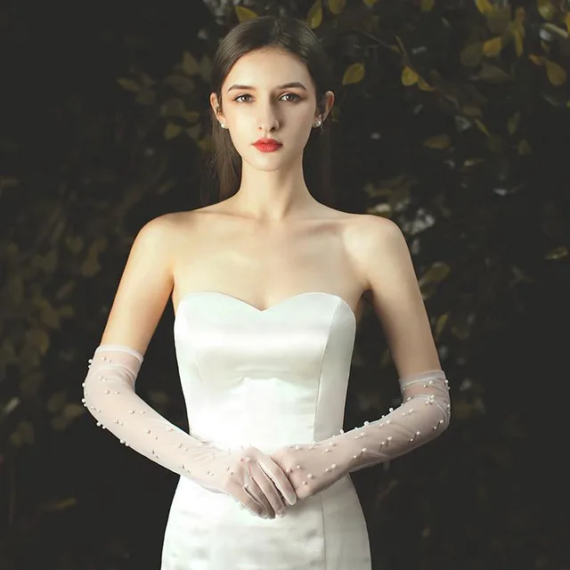 Bride Gloves White Wedding Dress Pearl Mesh Creamy White - Shop at LoveMi