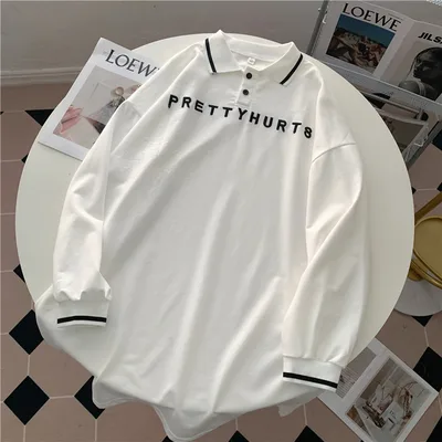 Polo Lapel Letter Embroidered Long sleeved Sweater For Women White - Shop at LoveMi