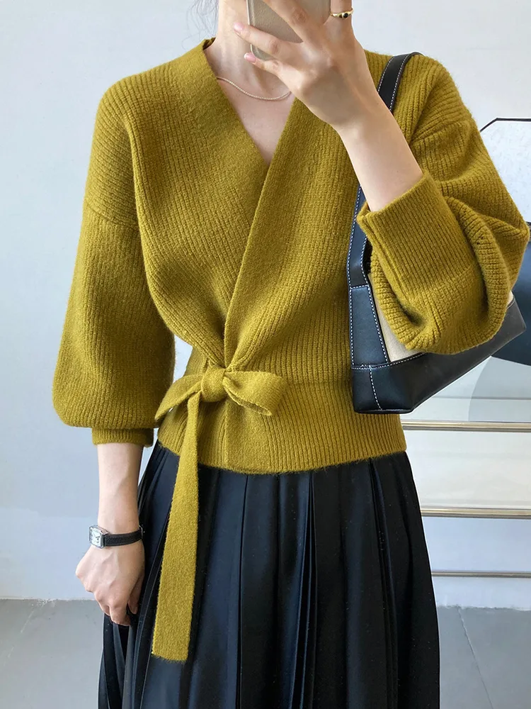 Knitted Cardigan Women's V neck Short Long sleeved Shirt Ginger - Shop at LoveMi
