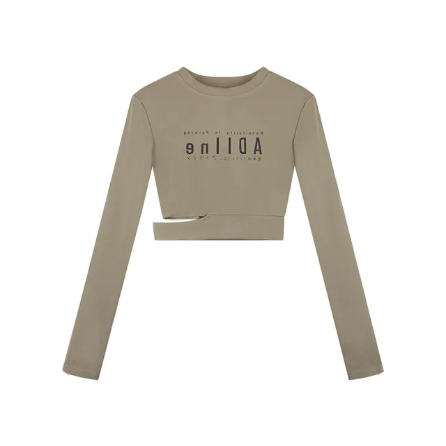 Tight, Pure And Thin, Letter Printed Long sleeved T shirt Woman Khaki - Shop at LoveMi