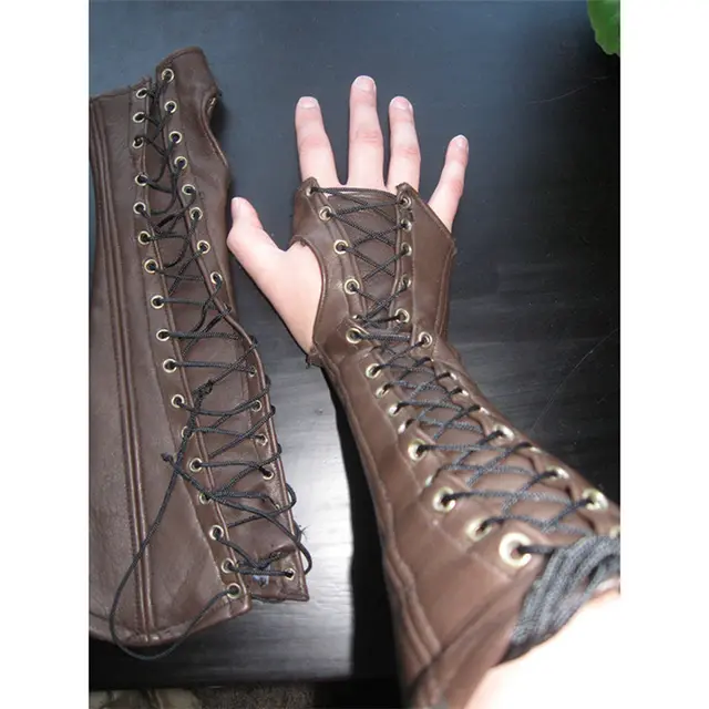 PU Long Lace Up Wrist Guard Half Finger Gloves Brown - Shop at LoveMi