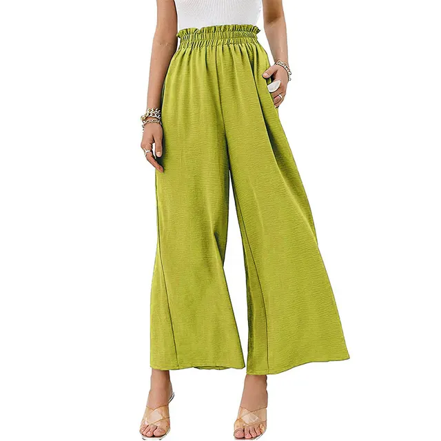 Women Trousers Solid Color Wide Leg High Waist Pants Casual Loose Pants Fluorescent Green - Shop at LoveMi