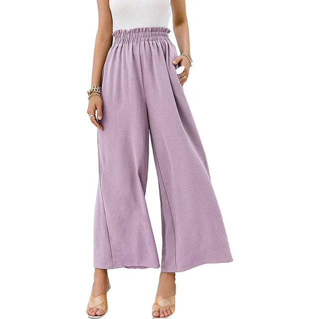 Women Trousers Solid Color Wide Leg High Waist Pants Casual Loose Pants Purple - Shop at LoveMi
