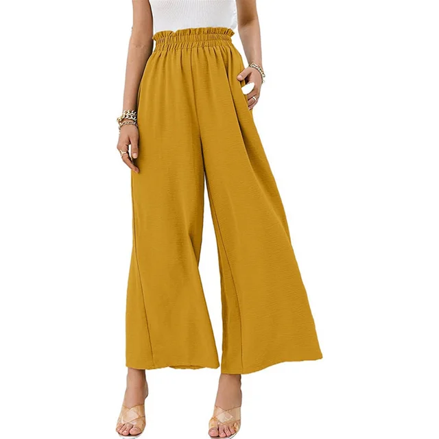 Women Trousers Solid Color Wide Leg High Waist Pants Casual Loose Pants Yellow - Shop at LoveMi
