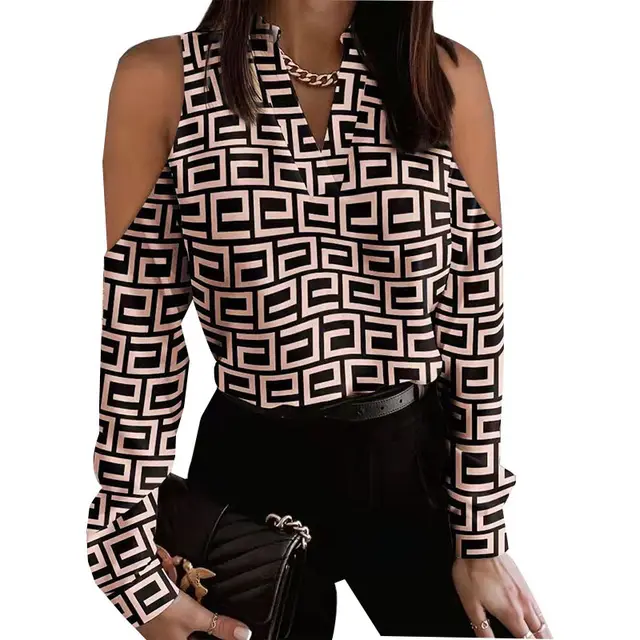 Long Sleeve Off shoulder Long Sleeve Printed Shirt Maze Grid - Shop at LoveMi