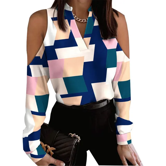 Long Sleeve Off shoulder Long Sleeve Printed Shirt Multicolor Grid - Shop at LoveMi
