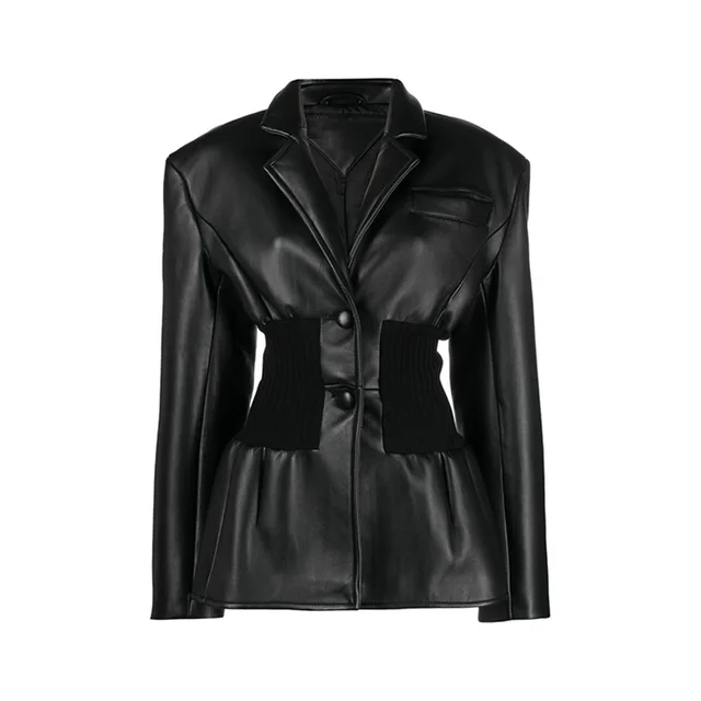 Patchwork Knitted Suit With Super Waisted Silhouette PU Coat Black - Shop at LoveMi