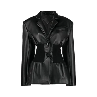Patchwork Knitted Suit With Super Waisted Silhouette PU Coat - Black