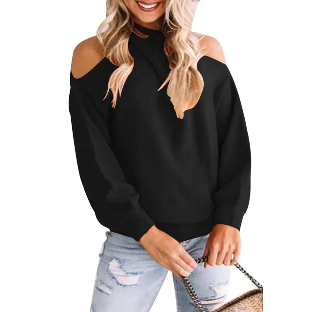Hanging Neck Wide Truffle Shoulder Sweater Top Black - Shop at LoveMi