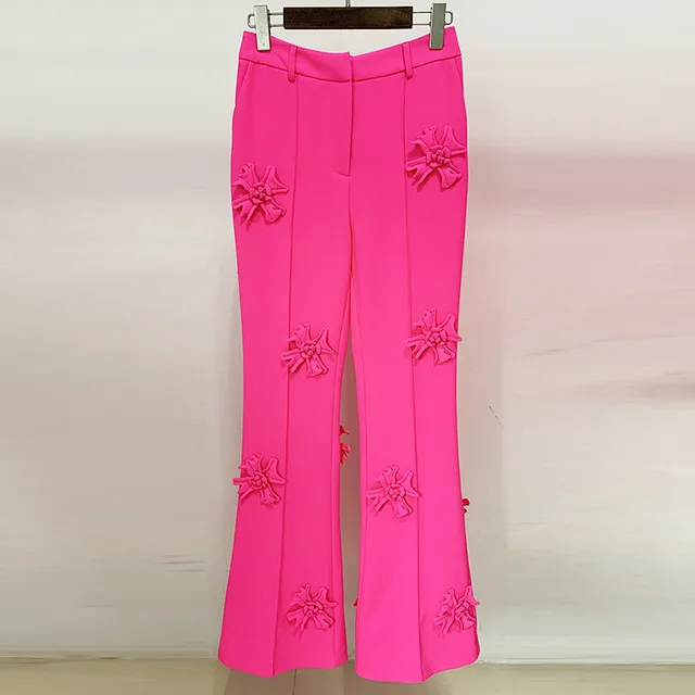 Fashion Heavy Industry Three dimensional Flower Decoration Micro La Trousers Suit Pants Pink - Shop at LoveMi