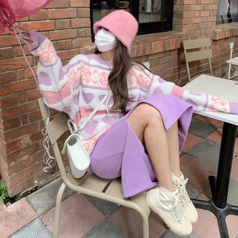 Japanese Love Contrast Color Sweater Female Gentle Wind Lazy Retro Picture Color Sweater - Shop at LoveMi